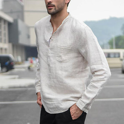 Men Vintage White Shirt Button Linen Shirts