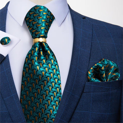 Classic 100% Silk Men Neck Tie Teal Green Paisley Men's Ties Pocket Square