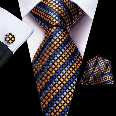 Beautiful Gold Blue Striped Silk Wedding Tie For Men Handky Cufflink Set Fashion Designer Gift Tie For Men Necktie Business Party