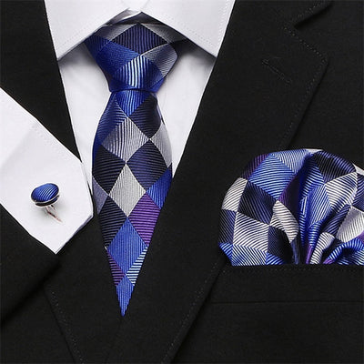 Mens Tie Skinny Blue palid  Silk Classic Jacquard Woven Extra long Tie Hanky Cufflink Set For Men Formal Wedding Party