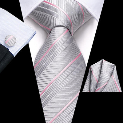 60 Various Colors of Striped Silk Ties For Men+Hanky+Cufflinks